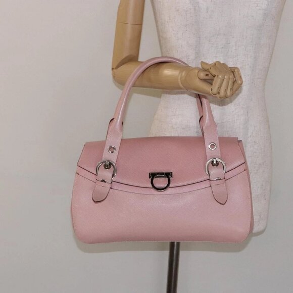 Salvatore Ferragamo Gancini Hand Bag Leather Pink Silver Auth 140343 - Picture 1 of 16